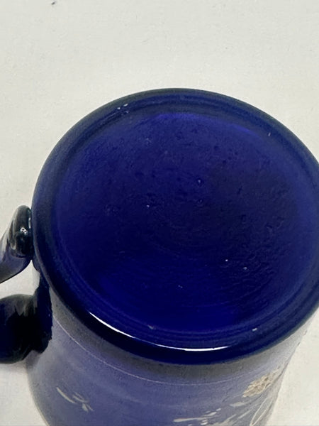 Remember Me Mug. Cobalt Blue Glass with Enamel Flowers and Leaves.