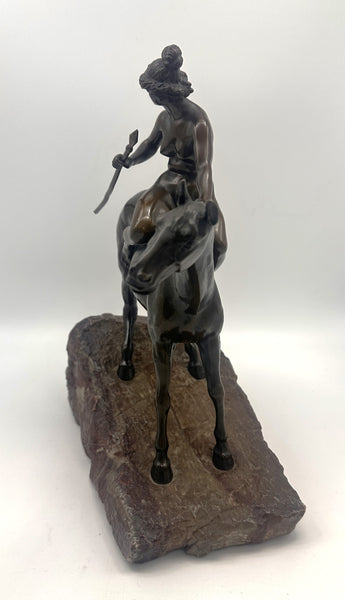 Bronze Figural of a Huntress on Horseback. Stone Base. Unsigned. 11" Height