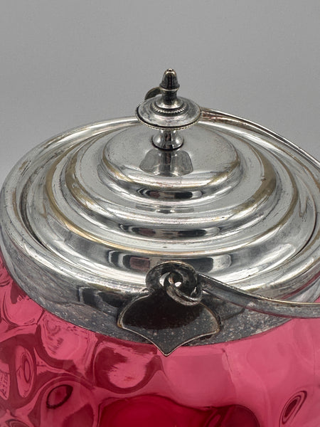 Biscuit Jar. Cranberry Glass Enamel and Gilded Flowers. Circa 1880