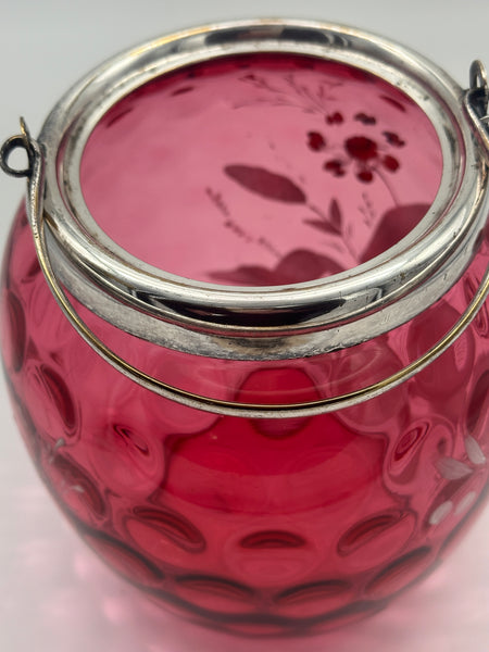 Biscuit Jar. Cranberry Glass Enamel and Gilded Flowers. Circa 1880