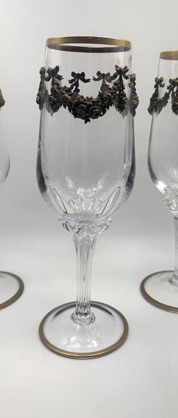 Set of Six Massive Crystal Goblets with Gilded Floral Wreaths and Bows. 12 1/2"