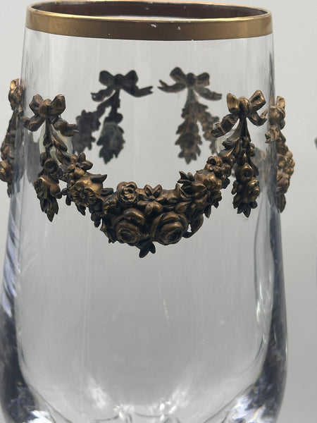 Set of Six Massive Crystal Goblets with Gilded Floral Wreaths and Bows. 12 1/2"