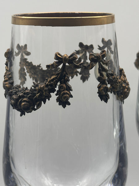 Set of Six Massive Crystal Goblets with Gilded Floral Wreaths and Bows. 12 1/2"