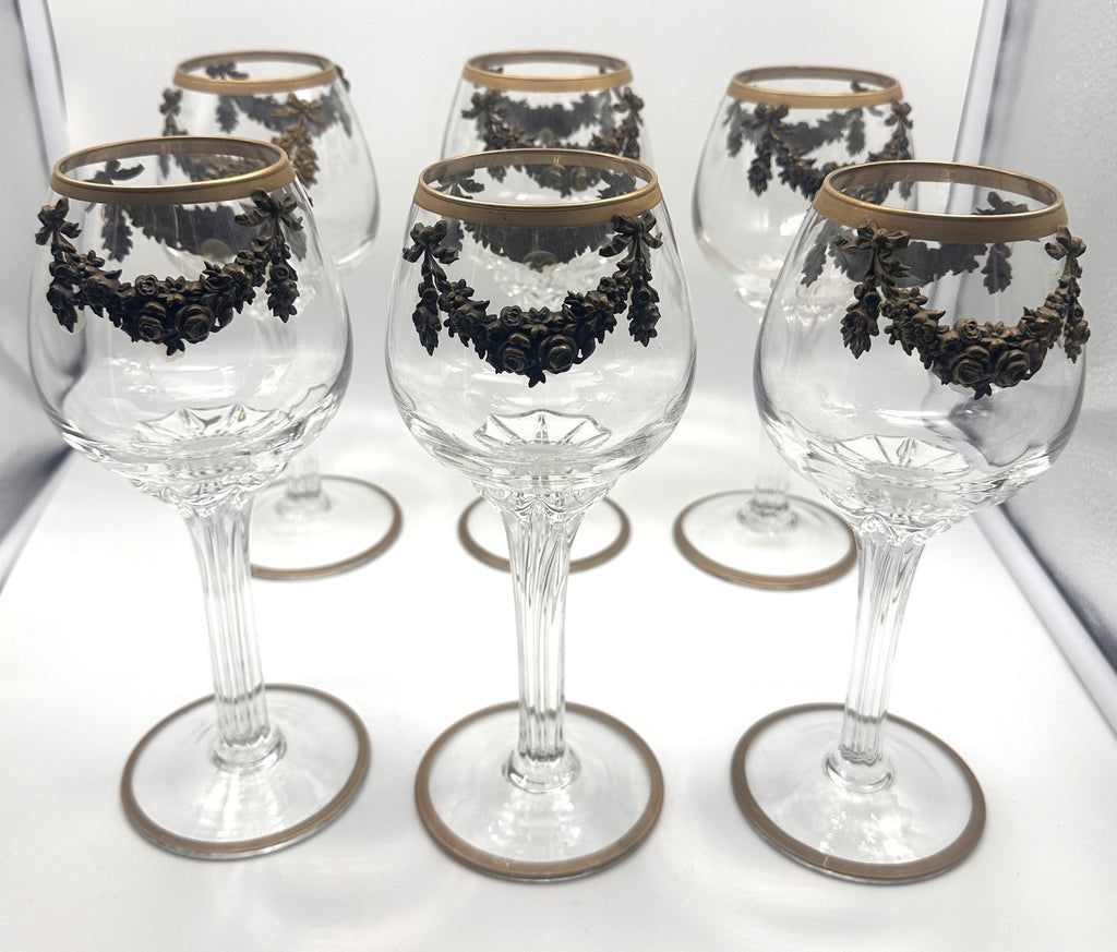 Set of Six Massive Crystal Goblets with Gilded Floral Wreaths and Bows. 9 1/2"