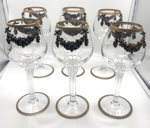 Set of Six Massive Crystal Goblets with Gilded Floral Wreaths and Bows. 9 1/2"