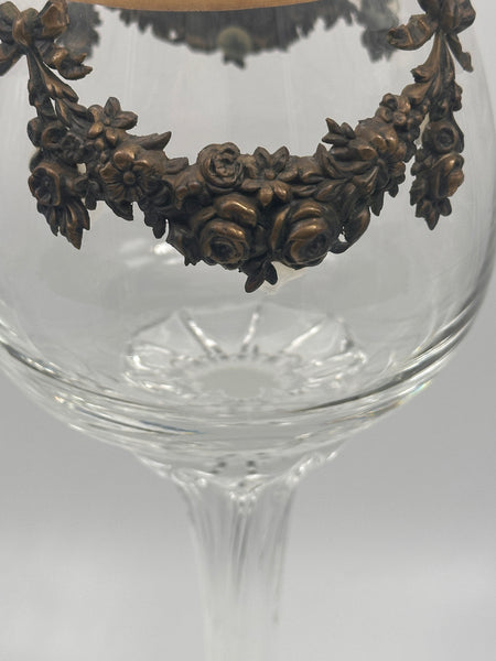 Set of Six Massive Crystal Goblets with Gilded Floral Wreaths and Bows. 9 1/2"
