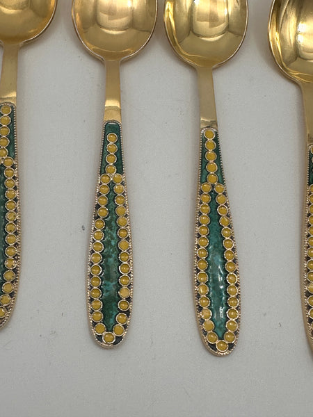 Set of Six Russian 916 Silver and Enamel Coffee Spoons Gold Wash. 4 1/4". 98 g