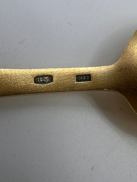 Set of Six Russian 916 Silver and Enamel Coffee Spoons Gold Wash. 4 1/4". 98 g