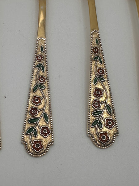 Set of Six Russian 875 Silver and Enamel Coffee Spoons Gold Wash. 5 3/4" 140 g