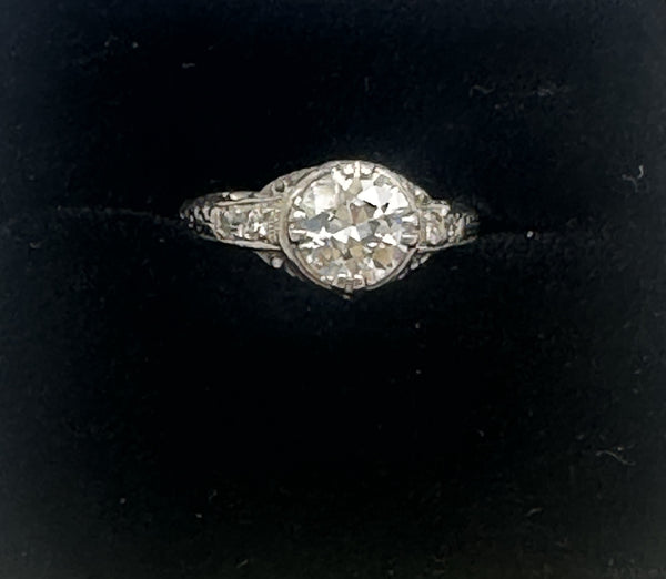 Art Deco Engagement Ring. Platinum .93 ct European Cut Center. Size 5