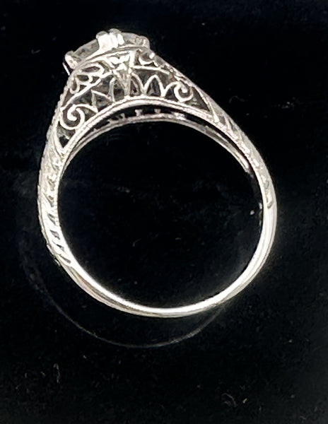 Art Deco Engagement Ring. Platinum .93 ct European Cut Center. Size 5