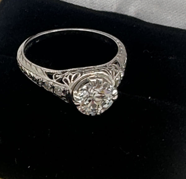 Art Deco Engagement Ring. Platinum .93 ct European Cut Center. Size 5