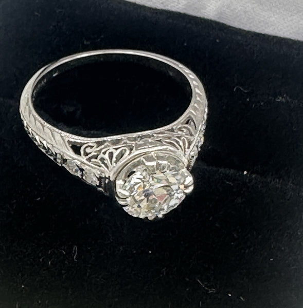 Art Deco Engagement Ring. Platinum .93 ct European Cut Center. Size 5