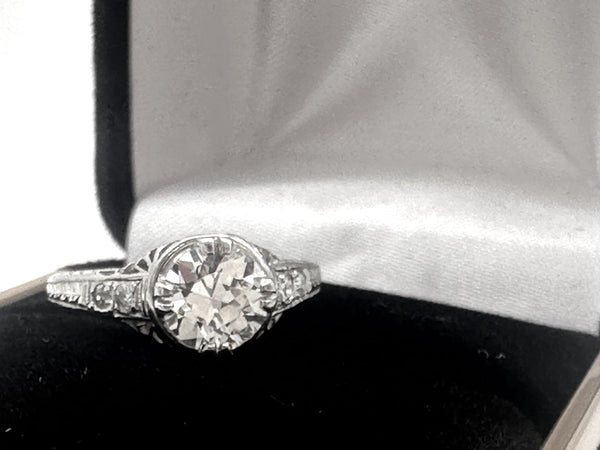 Art Deco Engagement Ring. Platinum .93 ct European Cut Center. Size 5