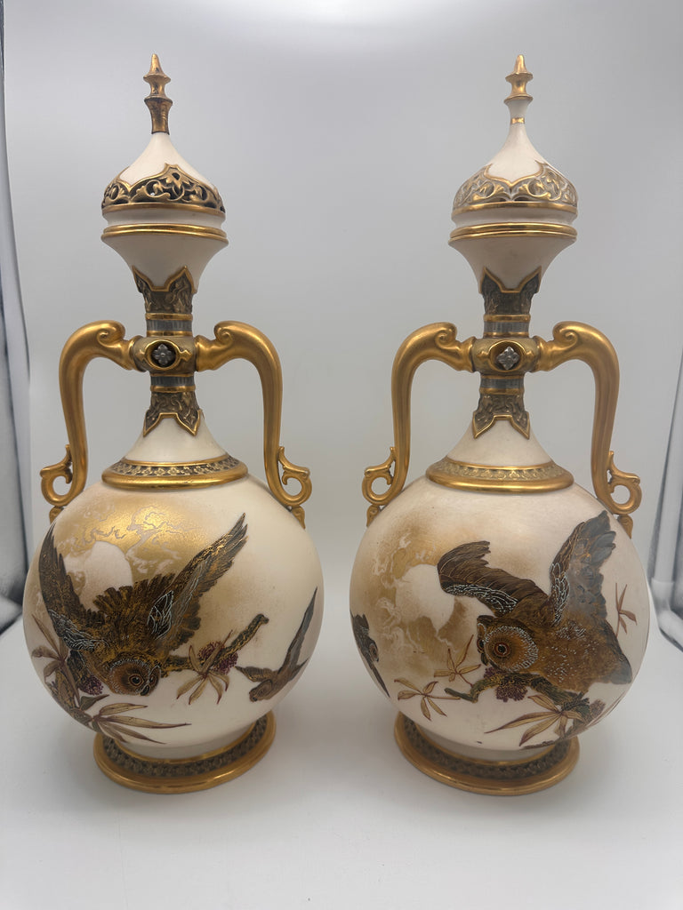 Pair Lidded Urns Bottles Vases. Royal Worcester Porcelain. 19th C. Owl Motif.
