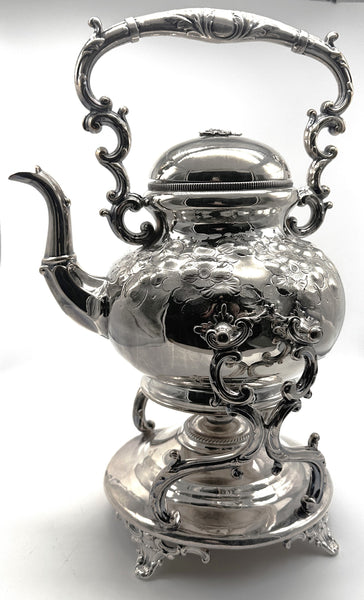 Victorian Silverplate Kettle on Stand. Ornate Floral.
