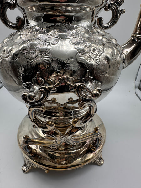 Victorian Silverplate Kettle on Stand. Ornate Floral.