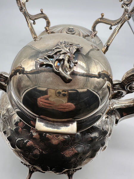 Victorian Silverplate Kettle on Stand. Ornate Floral.