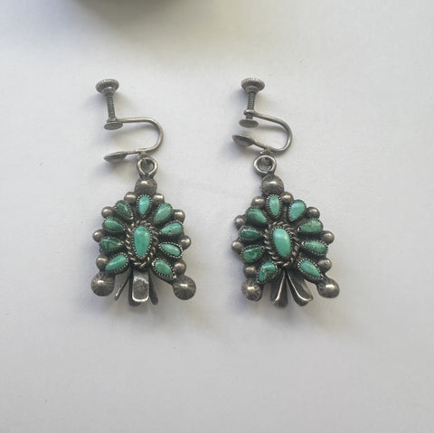 Southwest American Silver and Turquoise Zuni Style Earrings. 1 1/8"