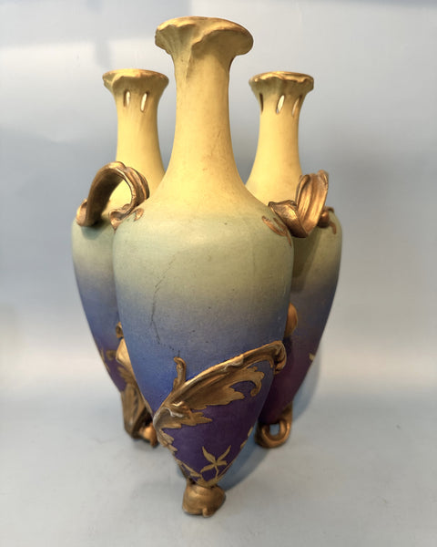 Unusual Cluster Vase. Three Joined Vases. Austrian. Art Nouveau. 10 1/4" H