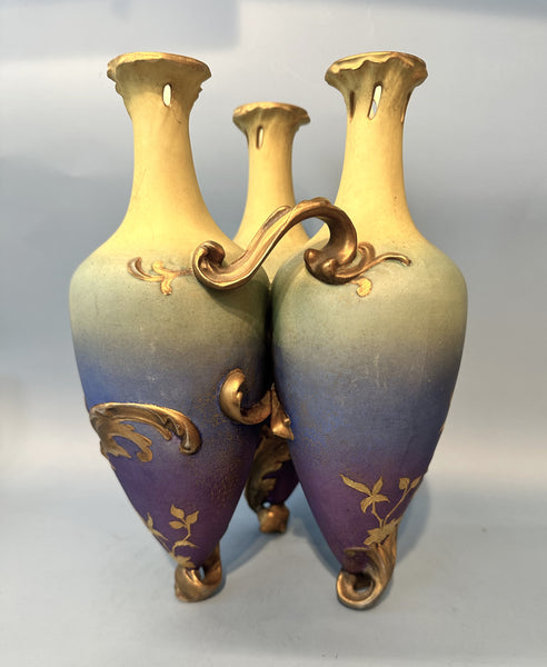 Unusual Cluster Vase. Three Joined Vases. Austrian. Art Nouveau. 10 1/4" H