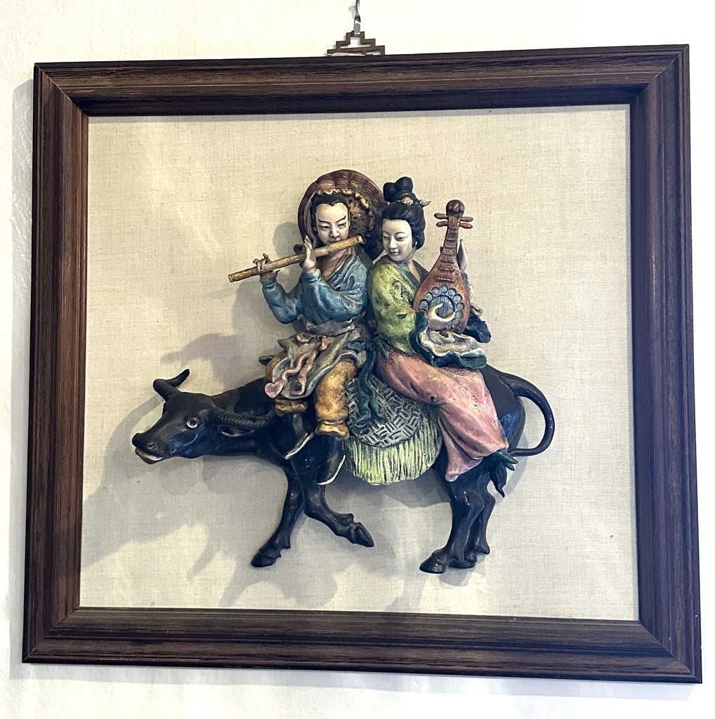 Chinese Qing Dynasty Ceramic Roof Tile. Musical Couple on Bull. Mounted on Frame