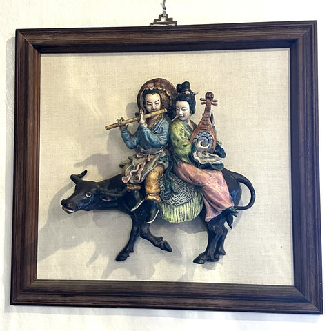 Chinese Qing Dynasty Ceramic Roof Tile. Musical Couple on Bull. Mounted on Frame