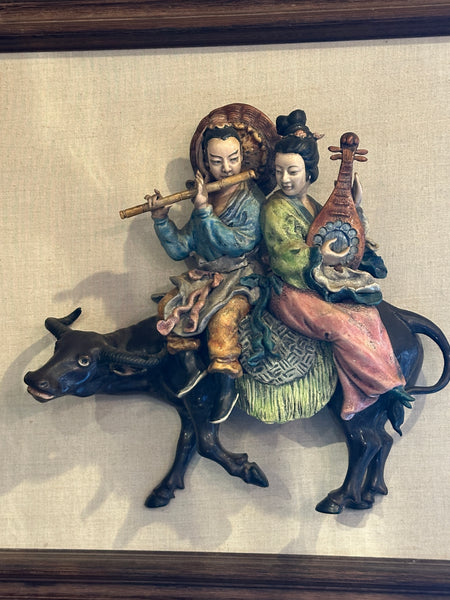 Chinese Qing Dynasty Ceramic Roof Tile. Musical Couple on Bull. Mounted on Frame