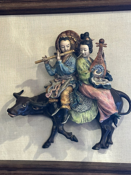 Chinese Qing Dynasty Ceramic Roof Tile. Musical Couple on Bull. Mounted on Frame