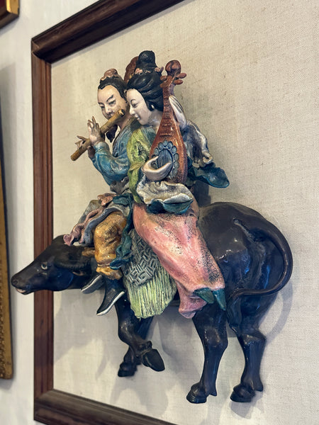 Chinese Qing Dynasty Ceramic Roof Tile. Musical Couple on Bull. Mounted on Frame