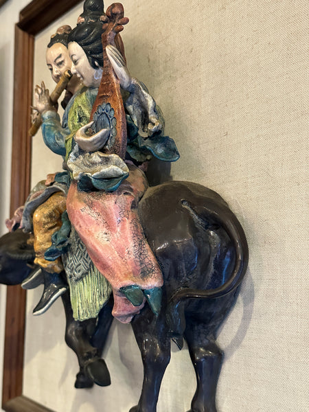 Chinese Qing Dynasty Ceramic Roof Tile. Musical Couple on Bull. Mounted on Frame