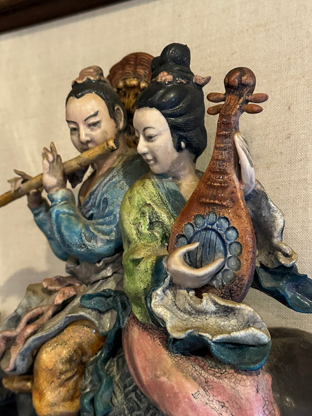 Chinese Qing Dynasty Ceramic Roof Tile. Musical Couple on Bull. Mounted on Frame