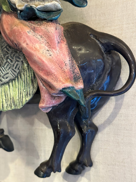 Chinese Qing Dynasty Ceramic Roof Tile. Musical Couple on Bull. Mounted on Frame