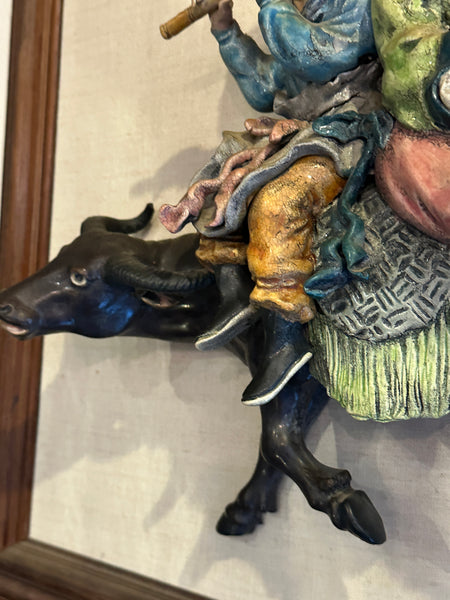 Chinese Qing Dynasty Ceramic Roof Tile. Musical Couple on Bull. Mounted on Frame