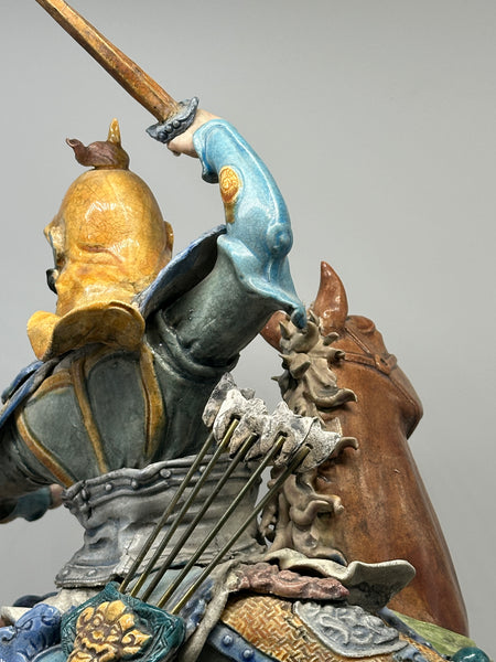 Chinese Qing Dynasty Ceramic Roof Tile. Warrior on Horseback. Mounted on Lucite