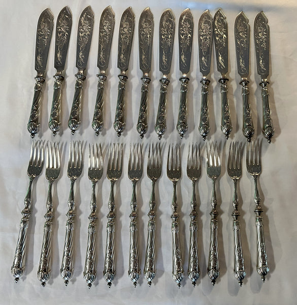 German 800 Silver Fish Service for Twelve. Engraved Blades. M.H. Wilkers & Sohne