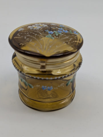 Bohemian Art Glass Dressing Table or Jewelry Box. Amber Glass Enamel Flowers