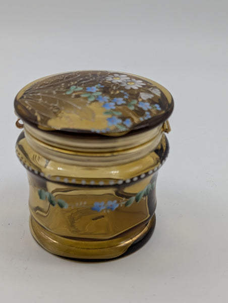 Bohemian Art Glass Dressing Table or Jewelry Box. Amber Glass Enamel Flowers