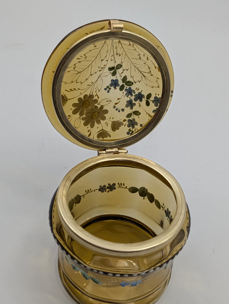 Bohemian Art Glass Dressing Table or Jewelry Box. Amber Glass Enamel Flowers