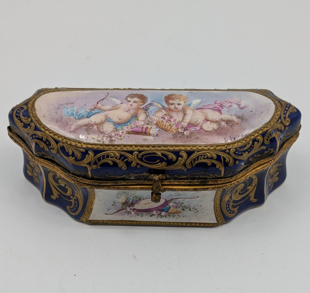 Dressing Table or Jewelry Box. French Sevres Porcelain. Cherubs. Signed Painay