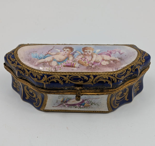 Dressing Table or Jewelry Box. French Sevres Porcelain. Cherubs. Signed Painay