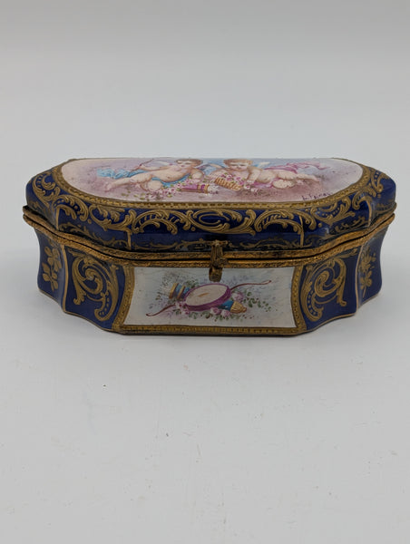 Dressing Table or Jewelry Box. French Sevres Porcelain. Cherubs. Signed Painay