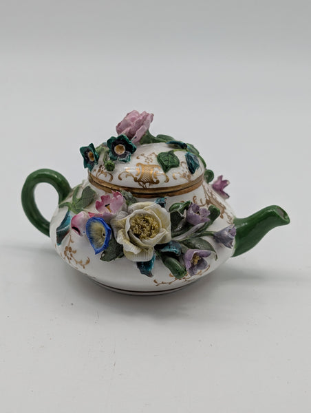 Miniature Teapot. German Meissen Porcelain Raised Flowers. 19th Century