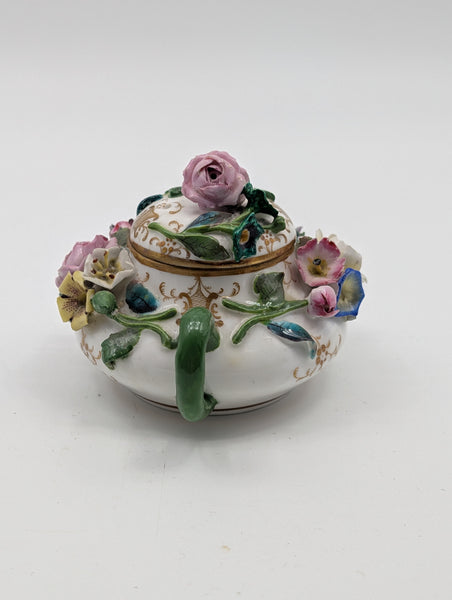 Miniature Teapot. German Meissen Porcelain Raised Flowers. 19th Century