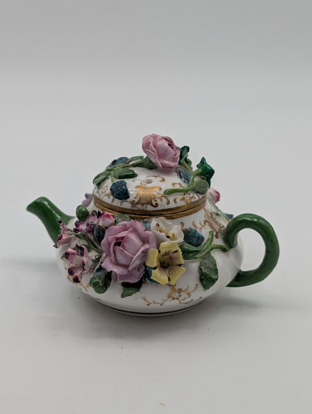 Miniature Teapot. German Meissen Porcelain Raised Flowers. 19th Century