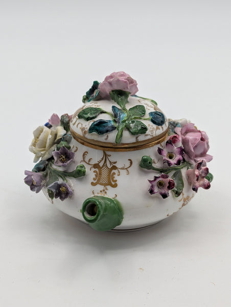 Miniature Teapot. German Meissen Porcelain Raised Flowers. 19th Century