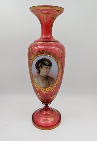 Bohemian Art Glass Vase. Cranberry with Portrait and Gilding. 19th C. 13 1/2" H