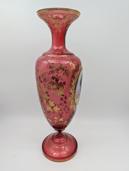 Bohemian Art Glass Vase. Cranberry with Portrait and Gilding. 19th C. 13 1/2" H