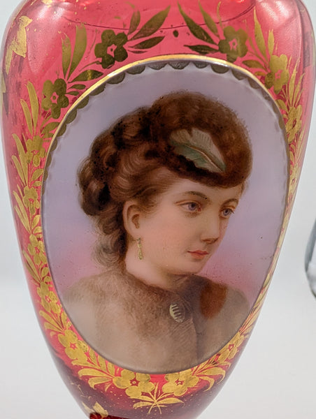 Bohemian Art Glass Vase. Cranberry with Portrait and Gilding. 19th C. 13 1/2" H