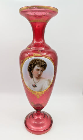 Bohemian Art Glass Vase. Cranberry with Portrait and Gilding. 19th C. 14" H
